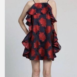 Badgley Mischka Red and Black Ruffle Dress